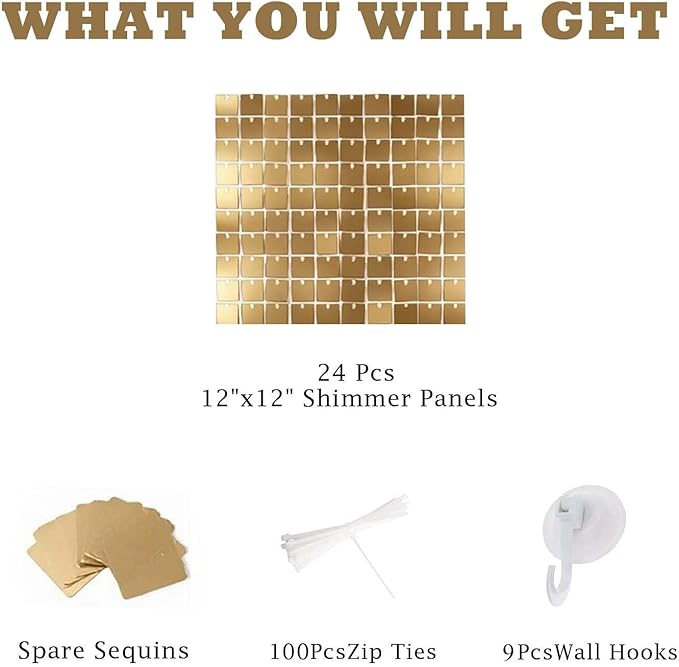 Shimmer Wall Backdrop, Sequins Backdrop Decoration, Photo Backdrops for Birthday, Anniversary, Wedding, Party Decoration (24PCS Champagne Gold)