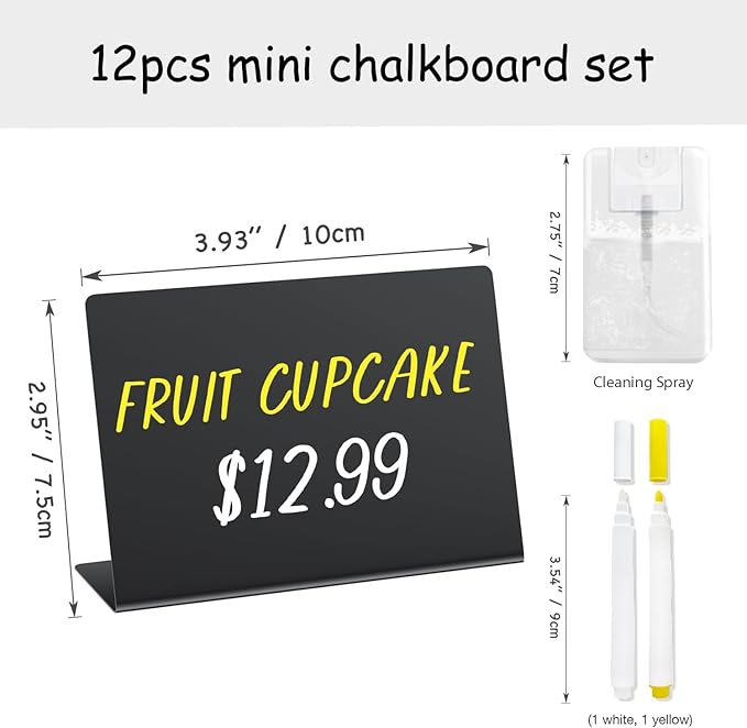 PigPotParty 12 Pcs Food Labels for Party Buffet w/Cleaning Spray, 4"x3" Mini Chalkboard Signs for Food Display, Table Place Cards - Name Tags- Small Chalk Board Signs, w/ 2 Markers