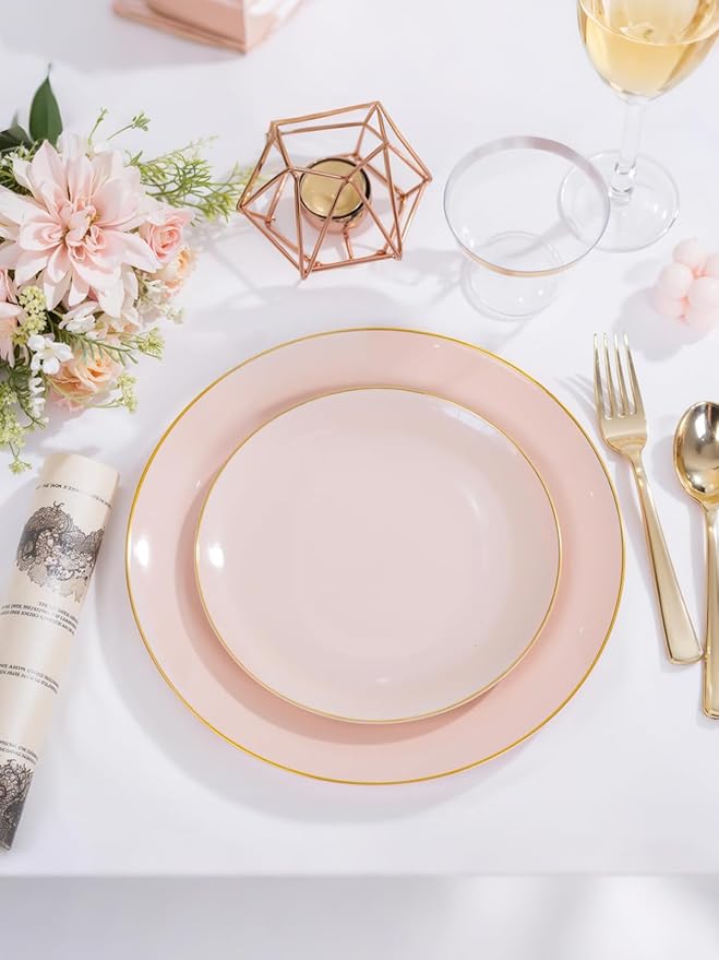 WDF 300Pcs Pink Plates Disposable - Pink and Gold Plastic Dinnerware Set for 50 Guests Include 50 Dinner & Cake Plates, 50 Disposable Cutlery, 50 9oz Cups for Wedding & Party & Baby Shower
