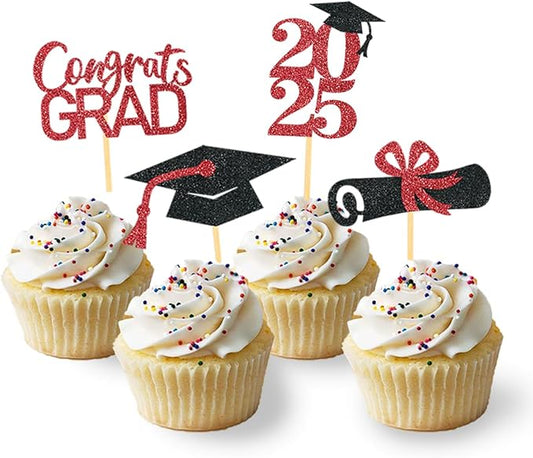 24Pcs Graduation Cupcake Toppers, Graduation Cupcake Picks for Cupcake Food Decorations - Class of 2025 Cupcake Toppers Supplies (Red)