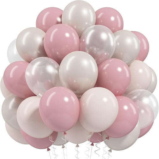 Pink and White Balloons, 12 Inch Double Stuffed Pearl Dusty Blush Baby Light Pink Cream Clear Latex Balloons for Girls Women Boho Bachelorette Wedding Princess Baby Shower Birthday Party Decorations