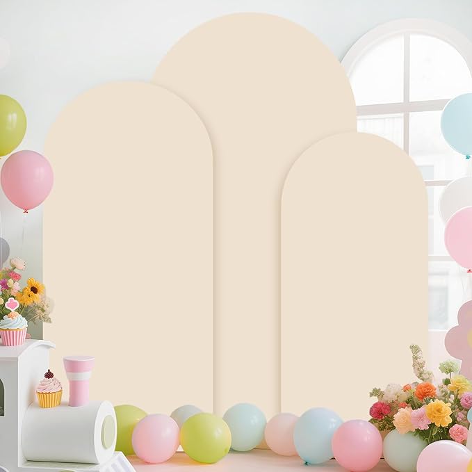 Arch Backdrop Stand and Cover Set 4&5&6ft Beige Arch Cover Set of 3 Metal Arches Backdrop Stand Wedding Arched Frame Gold Arched Backdrops Stand with Covers for Wedding Party Ceremony Decor