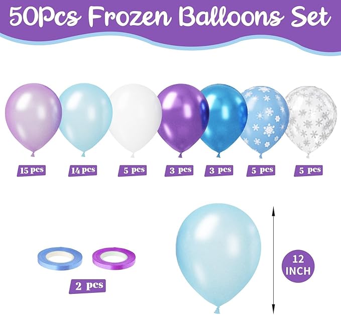Paready Frozen Balloons Set, 50Pcs Purple Blue Snow Print, 12 Inch Metallic Pearl Light Purple Blue White for Winter Theme Frozen Birthday Party Decorations