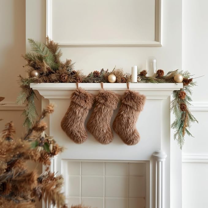 AISENO 3 Pack 18 Inch Brown Christmas Stockings Faux Fur Personalized Hanging Ornaments Candy Gift Bags for Christmas Decorations