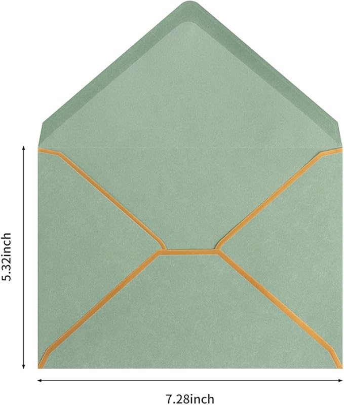 100 Pack A7 Envelopes 5 x 7 Card Envelopes V Flap with Gold Border for Office, Wedding Gift Cards, Invitations, Graduation, Baby Shower, Parties (Sage-Green, 5.32 x 7.28 Inches)