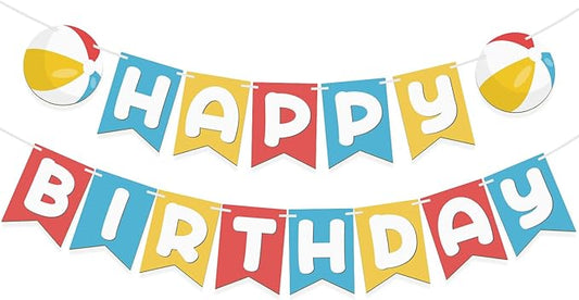 Beach Ball Happy Birthday Banner, 2-Piece Summer Pool Birthday Party Decoration, Beach Ball Colorful Happy Birthday Hanging Banner (Multicolor)
