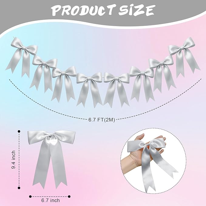 1 String of 8PCS Silver Bow Garland Banner Decoration,Pre-Strung Satin Ribbon Ornaments for Birthday,Bachelorette Party,Bridal Shower,Wedding,Engagement,Baby Shower,Graduation Decor,Anniversary