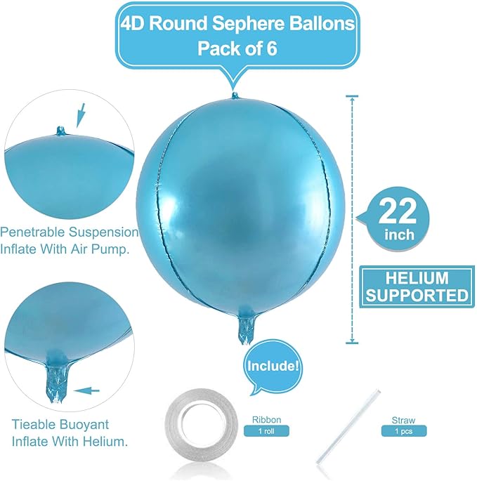 6 Pack Pearl Blue 22 Inch 4D Foil Balloons Big 360 Degree Round Sephere Mylar Balloons Mirror Finish Metallic Balloons for Wedding,Birthday,Bachelorette,Baby Shower Decorations Party Supplies