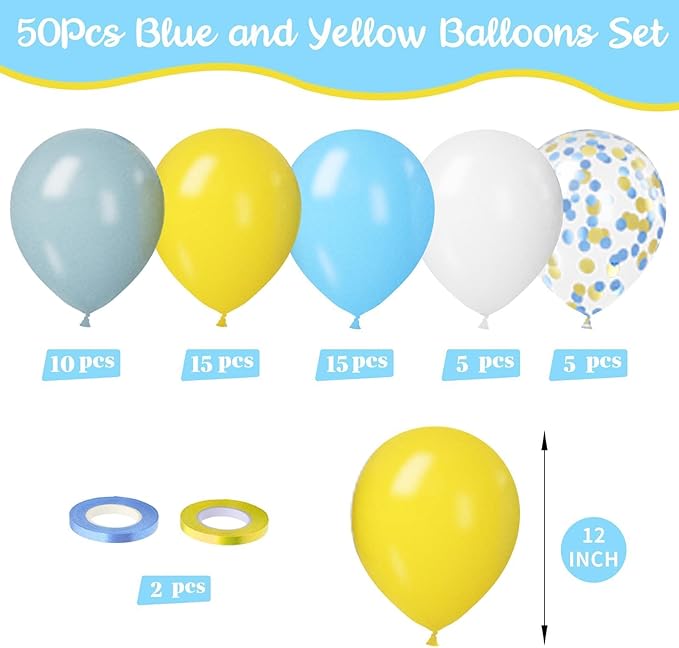 Paready 50pc Blue & Yellow Balloons - 12in Dusty Blue, White & Yellow Latex Balloons with Confetti for Boys Birthday, Baby Shower, Anniversary & Wedding