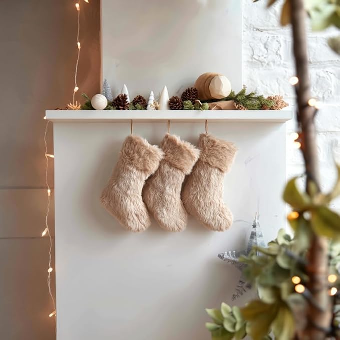 AISENO 3 Pack 18 Inch Christmas Stockings Beige Faux Fur Hanging Ornaments Candy Gift Bags for Christmas Decorations