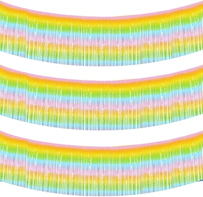 BEISHIDA 3 Packs Metallic Foil Fringe Garland Light Rainbow Wall Hanging Tinsel Fringe Banners for Car Floats Bridal Shower Wedding Birthday Easter Graduation Holiday Party Decoration(30 Feet)
