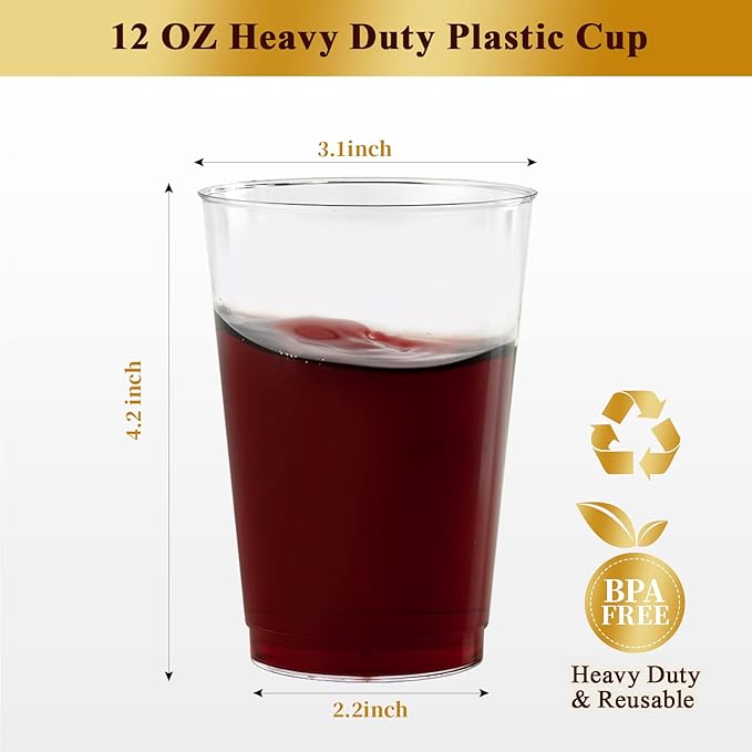 Vplus 150 Pack 12 OZ Reusable Clear Plastic Cups, Disposable Heavy Duty Plastic Cups for Party, Christmas, Wedding, Thanksgiving, Halloween