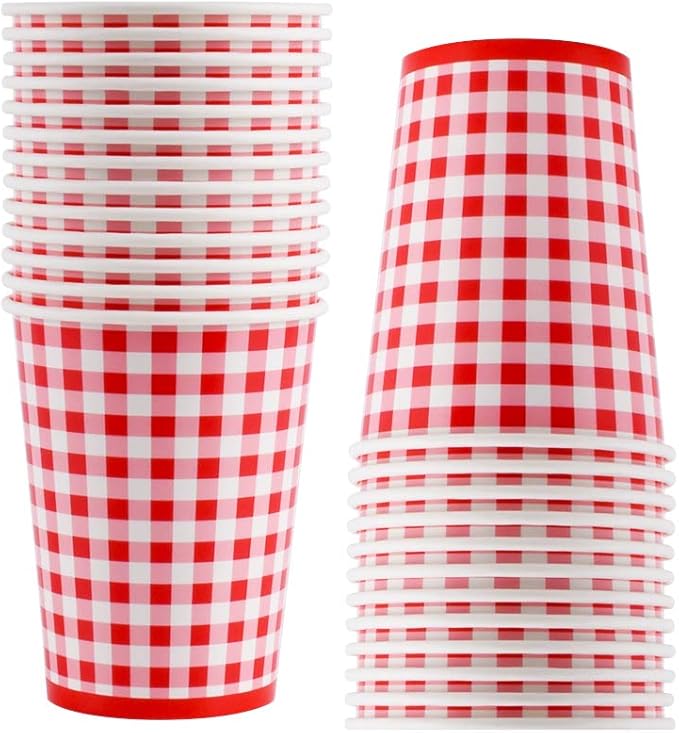 Gatherfun Gingham Red and White Party Supplies Disposable Paper Plates Napkins Cups Knives Spoons Forks Tablecloth Banner for Birthday Party Family Dinner Picnic Barbecue Mother's Day Party, Serve 25