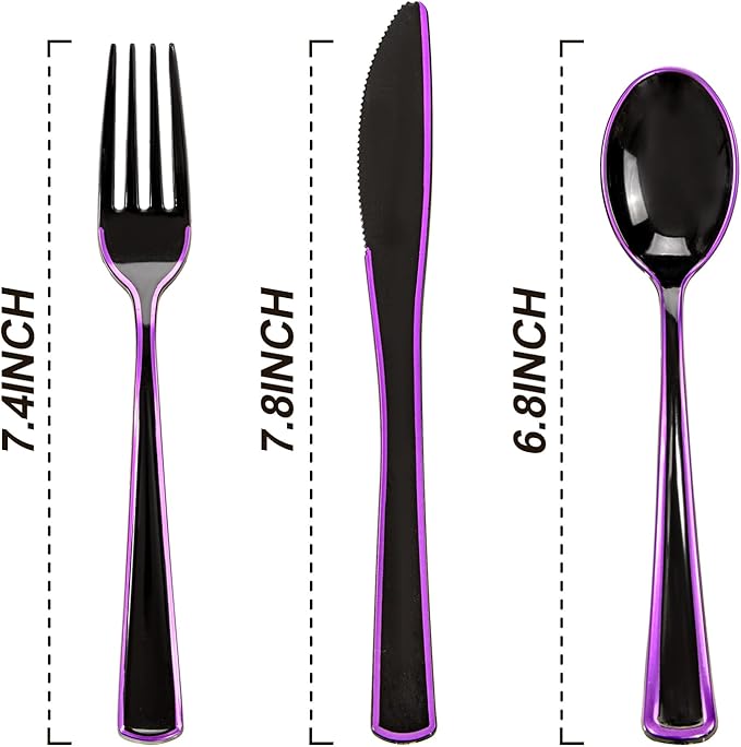 WDF 180 Pieces Black and Purple Halloween Plastic Silverware - Black Flatware Set Include 60 Forks, 60 Knives and 60 Spoons Heavy Duty Plastic Cutlery Purple Utensils for Halloween Party/Birthday