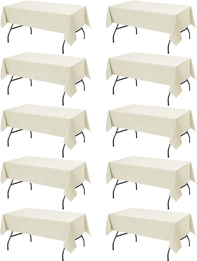 10-Pack Ivory Tablecloths for Rectangle Tables, 60 x 102 Inches, Stain-Resistant Polyester Fabric for 6 Foot Tables - Washable Table Covers for Weddings, Banquets, Birthday Parties, Events