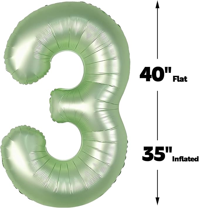 Large 40 Inch Sage Green 3 Number Balloon, 3 13 23 30 33 36 38 Oliver Green Birthday Party Decorations, Numbers Three Foil Balloons for Anniversary Party Graduations Celebration Supplies