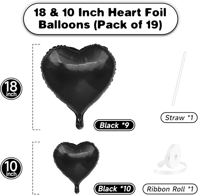 Black Heart Balloons, 19PCS Black Heart Shape Balloons, 18Inch with 10Inch Helium Foil Balloon Love Balloon for Birthday Baby Shower Wedding Valentines Halloween Party Decorations