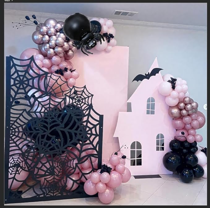 Halloween Balloon Arch Garland Kit, Black Pink Rose Gold Spider Foil Balloons with 3D Bat Stickers and Spider Webs for Girls Halloween Party Spooky Birthday Day Party Decorations