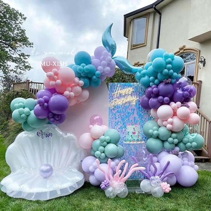 Mermaid Party Balloons, Mermaid Purple Pink Teal Balloon with conch shell starfish Print Balloons Mermaid Confetti Balloon for Under the Sea Theme Birthday Kids Girls Princess Party Supplies