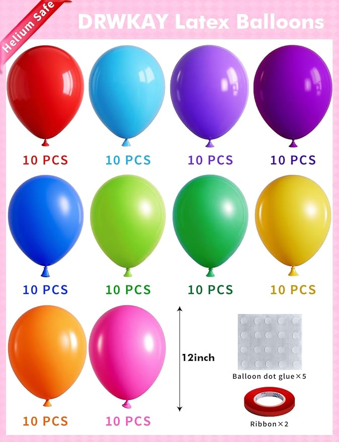 10 Colors Rainbow Party Balloons 100 Pack, 12 Inch Vibrant Latex Helium Round Balloons Garland for Birthdays Weddings Baby Showers Arch Decorations