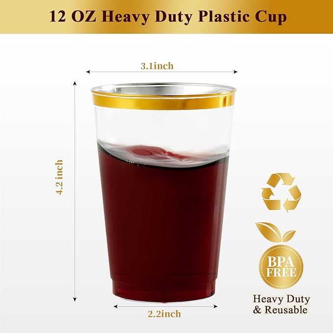 Vplus 150 Pack 12 OZ Reusable Gold Rimmed Clear Plastic Cups, Disposable Heavy Duty Plastic Cups Perfect for Party Christmas Wedding