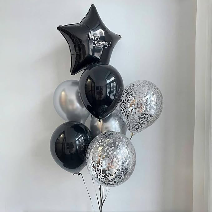 Black and Silver Balloons, 12 Inch Metallic Chrome Black Silver Confetti Latex Helium Balloons for Men Boys Birthday Baby Shower Wedding Engagement Halloween New Year Bachelorette Party Decorations