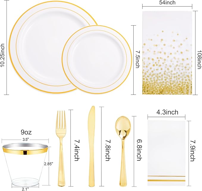 GATHER 176 Pieces Gold Dinnerware Disposable - White and Gold Plastic Plates Includes 50 Plates, 25 Plastic Silverware, 25 Napkins, 25 Cups and 1 Tablecloth for Wedding Party Christmas