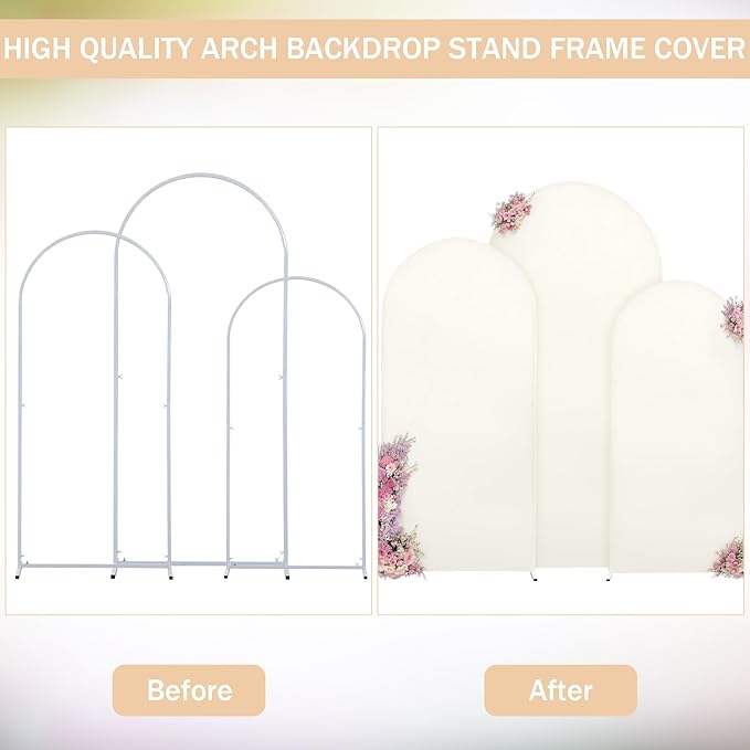 (7.2FT, 6.6FT, 6FT) Wedding Arch Cover Set of 3 Beige Spandex Fitted Arch Cover for Round Top Chiara Backdrop Stand Covers for Birthday Party Banquet Photo Background Decoration