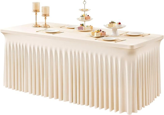 1 Pack Light Champagne Table Clothes for 8 Foot Rectangle Tables, One-Piece Wrinkle Resistant Stretch Spandex Table Covers with Skirt for Event Banquet Wedding Birthday Party