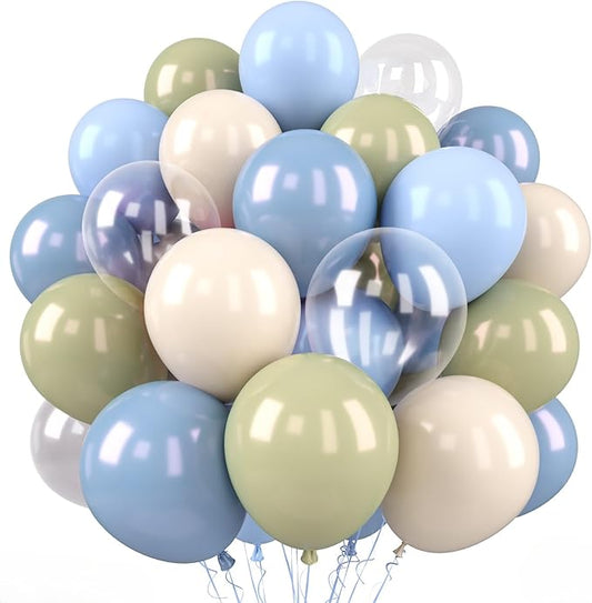 Sage Green Blue Balloon, 50 Pcs 12 Inches Clear Dusty Blue and Avocado Green Balloons, Apricot Latex Balloons for Bridal Baby Shower Wedding Anniversary Woodland Birthday Party Supplies