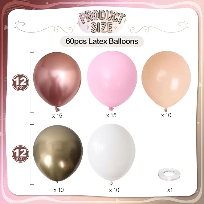 Rose Gold Balloons, 60 Pcs 12 Inch Nude Pastel Pink Balloons, Beige Metallic Gold Matte White Balloon for Boho Wedding Bridal Shower Princess Party Girls Women Birthday Baby Shower Decoration Supplies