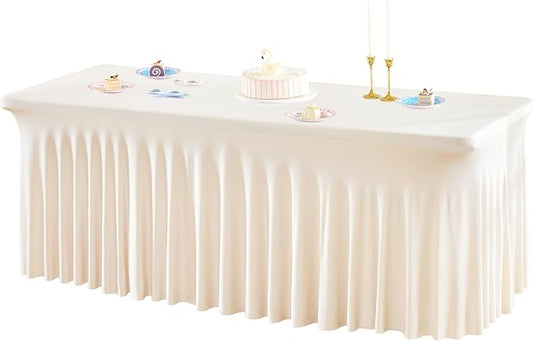 1 Pack Ivory Table Clothes for 6 Foot Rectangle Tables, One-Piece Wrinkle Resistant Stretch Spandex Table Covers with Skirt for Event Banquet Wedding Birthday Party