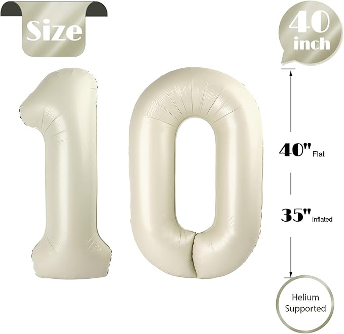 10 Balloon Number, Cream Number 10th Birthday Balloons 40 Inch, 10 Years Old Cream Birthday Decorations for Boys Girls, 10th Anniversary Decorations