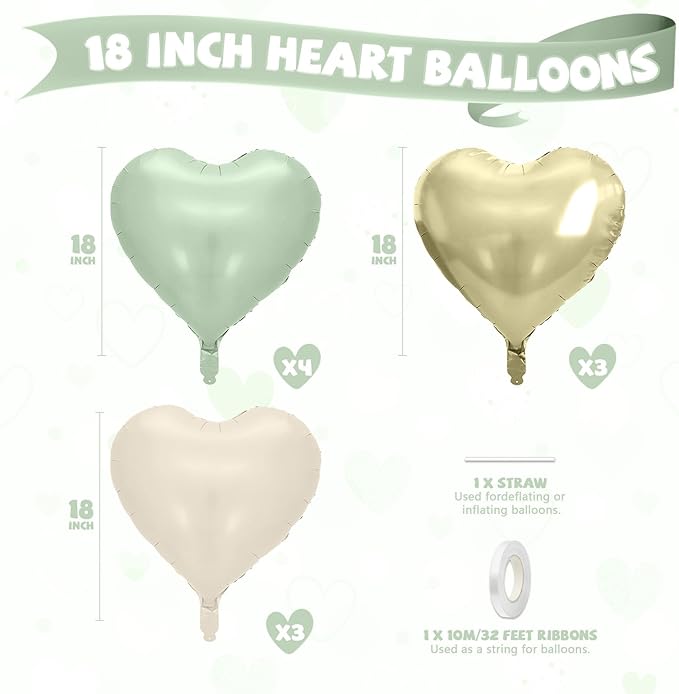 Sage Green Gold Heart Balloons, 10 Pcs Light Gold Cream Heart Shaped Balloon, 18 Inch Olive Green Sand White Foil Balloons for Jungle Safari Brithday Baby Shower Wedding Valentines Party Decoration