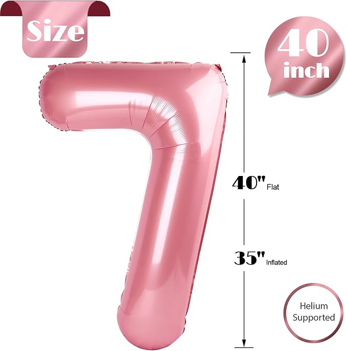 Pearlescent Pink Number 7 Balloon 40 Inch, 7th Birthday Party Decorations for Children, Giant 7 Foil Balloon for Party Supplies