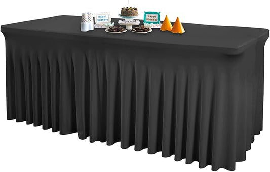 1 Pack Black Table Clothes for 4 Foot Rectangle Tables, One-Piece Wrinkle Resistant Stretch Spandex Table Covers with Skirt for Event Banquet Wedding Birthday Party