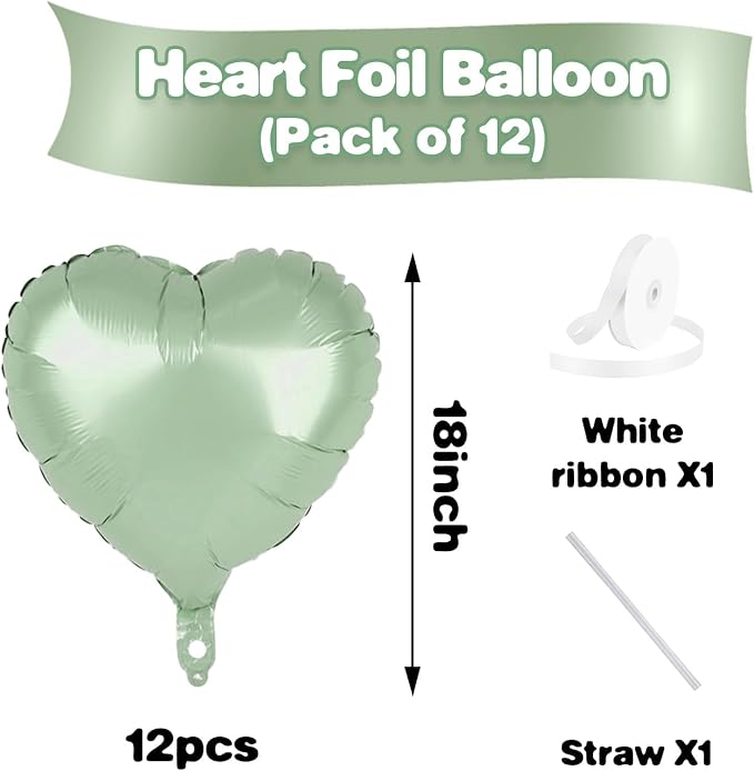 Sage Green Heart Balloons,12Pcs 18 Inch Oliver Green Foil Love Heart Shaped Balloons for Jungle Birthday Wedding Anniversary Graduation Baby Shower Valentines Day Decorations