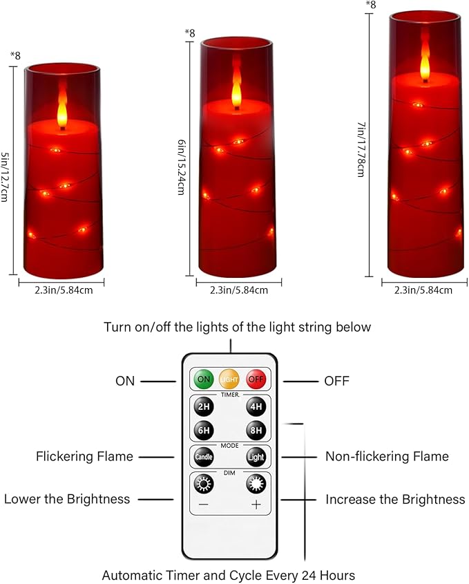 Flameless LED Candles with Timer 24 Pc Flickering Flameless Candles for Romantic Ambiance and Home Decoration Stable Acrylic Shell,with Embedded Star String，Battery Operated Candles（Red）