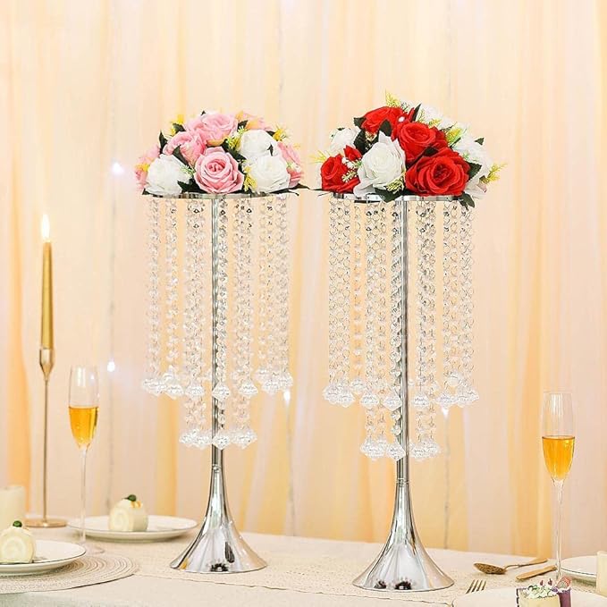 10Pcs 21.88" Tall Elegant Centerpieces with Chandelier Crystals Metal Vase Silver Flower Stand for Table Wedding Centerpieces Decorations, Birthday,Event, Home, Party