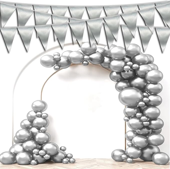 40M/130FT Silver Triangle Pennant Banner Flag Metallic Fabric Bunting Garland for Christmas Graduation Wedding Engagement Anniversary Bachelorette Birthday Bridal Shower Valentines Hen Party Supplies