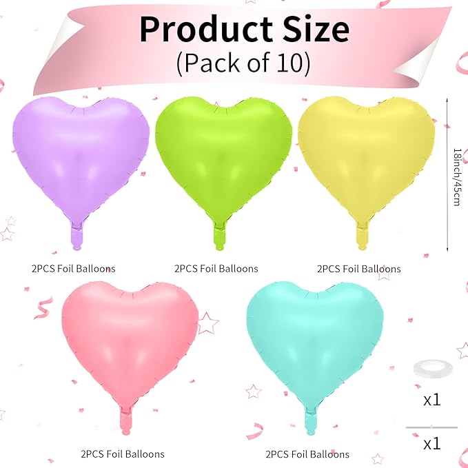 Biapian Pastel Heart Balloons, 10 Pcs Macaron Heart Shape - 18inch Pastel Pink Purple Green Teal Yellow Foil Valentines Balloons for Kids Candy Birthday Wedding Baby Shower Decoration