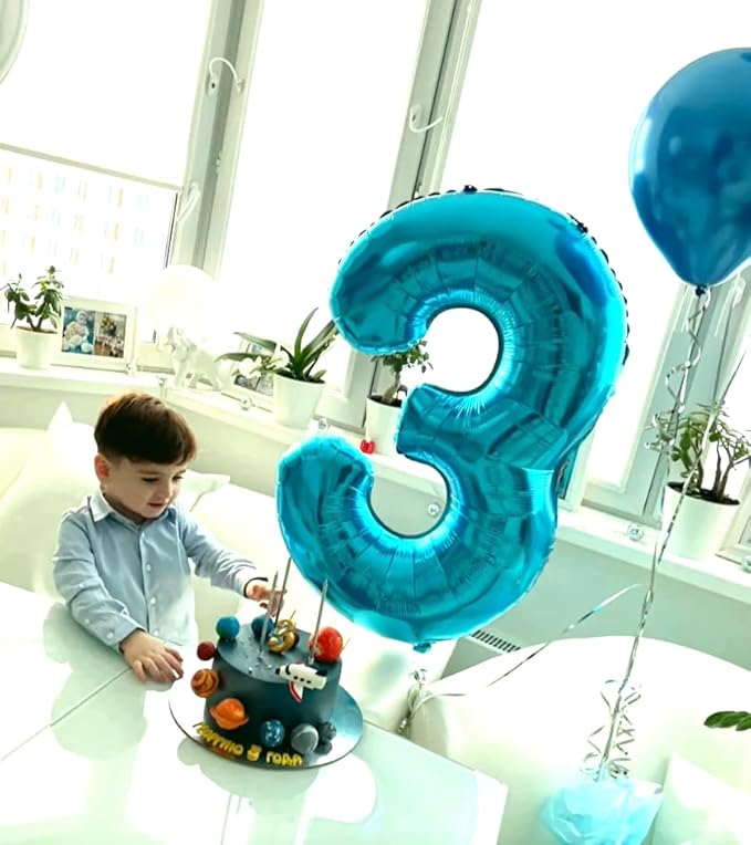 40 Inch Blue 3 Large Number Balloon, 3 13 23 30 33 36 Blue Birthday Party Decorations, Number Three Foil Balloons for Anniversary Party Graduations Celebration Supplies