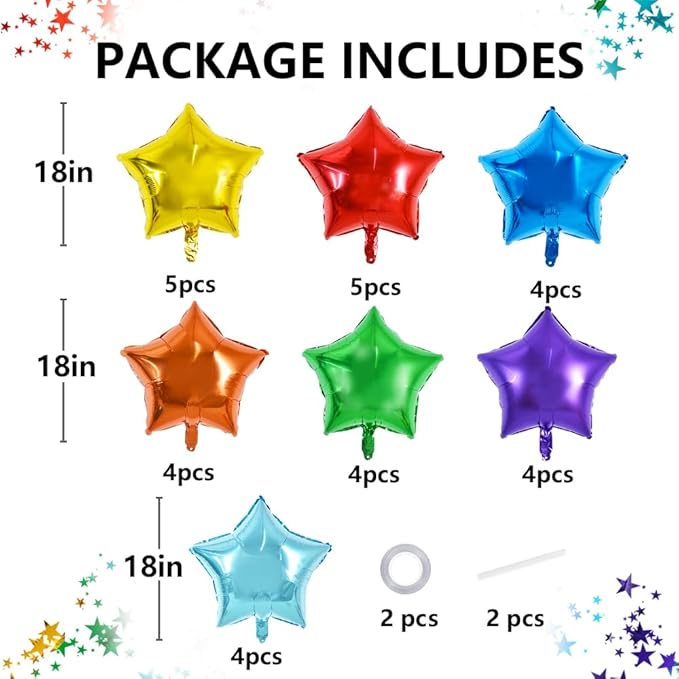 TONIFUL 30Pcs 18 Inch Large Rainbow Star Shape Foil Balloons Big Rainbow Stars Helium Mylar Ballons for Birthday Wedding Baby Shower Anniversary Engagement Party Decorations Supplies