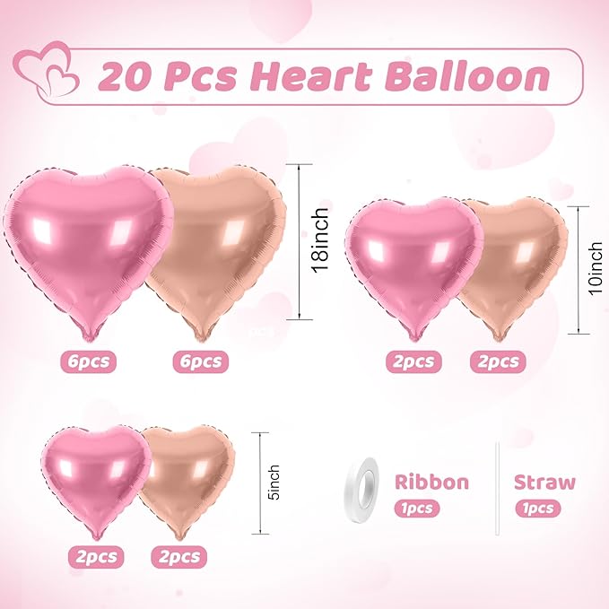 Rose Gold Pink Heart Balloons, Heart Shaped Ballons, 20 Pcs 5/10/18 inch Rose Pink Foil Love Balloons for Valentine's Day Decorations Wedding Engagement Bridal Showers Anniversary Celebrations