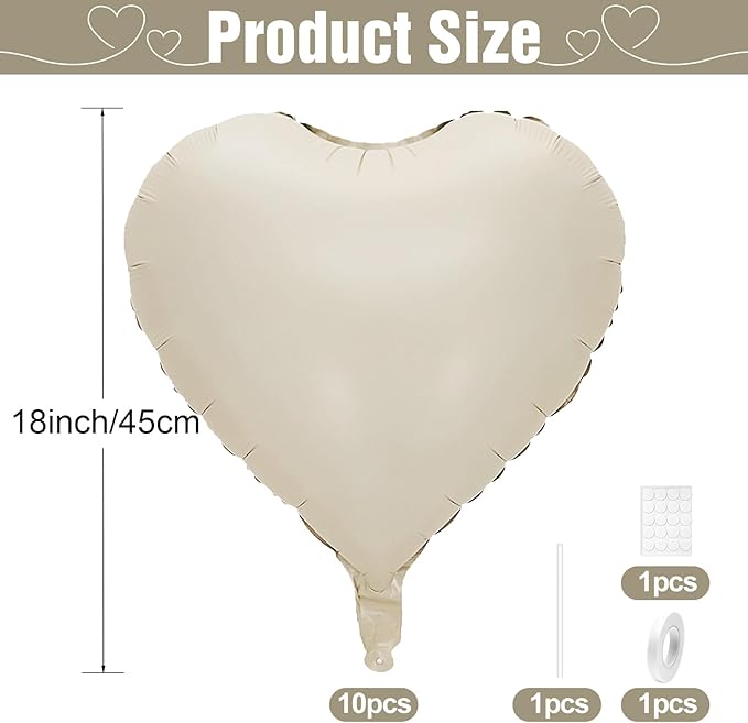 White Heart Balloons,10Pcs Cream White Foil Heart Shaped Balloons,18Inch Beige Helium Polyester Film Balloon for Valentines Engagement Birthday Baby Shower Wedding Party Decorations