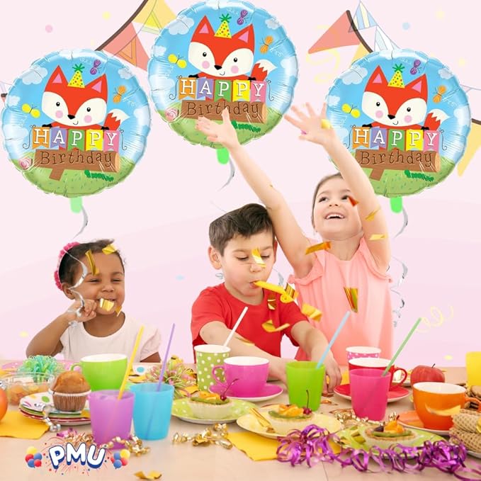 PMU Happy Birthday Party Fox 18 Inch Mylar-Foil Balloon Pkg/5