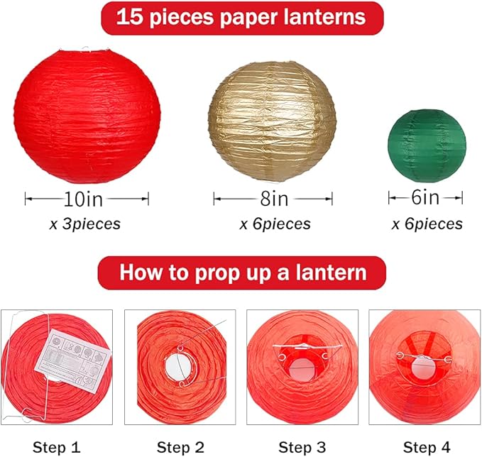 Paper Lanterns Decorative, Round Hanging Paper Lanterns Decorations for Christmas Graduation Anniversary Birthday Party Supplies Green/Red/Gold 15pcs
