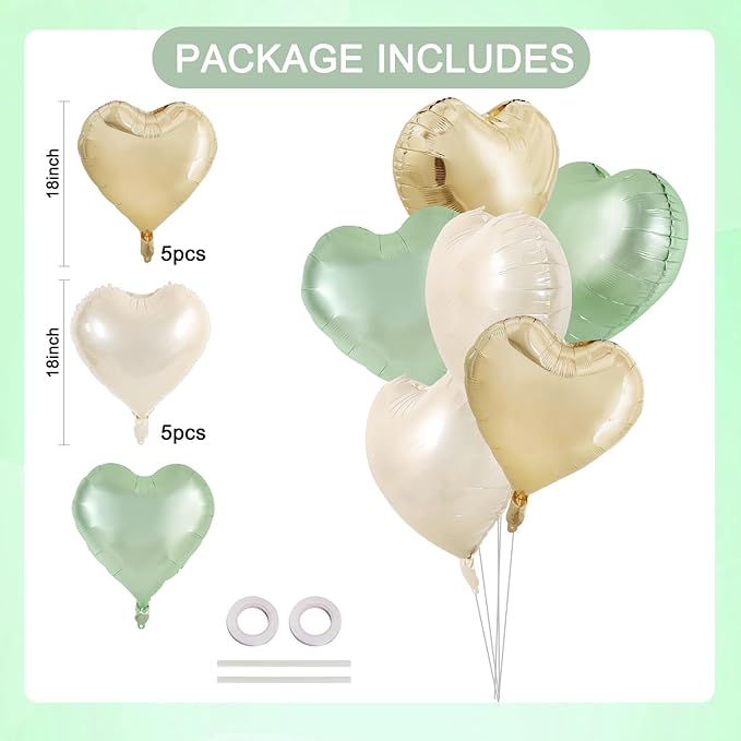 TONIFUL 15Pcs Sage Green Gold Heart Balloons 18 Inch Green Cream White Heart Shape Foil Mylar Balloons Decoration for Jungle Woodland Birthday Party Baby Shower Supplies