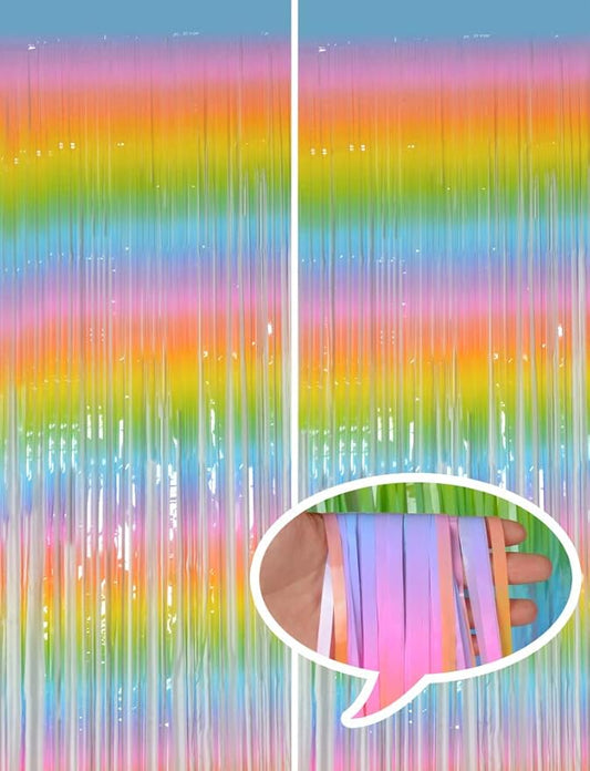Melsan 2 Pack 3.2 ft x 8.2 ft Pastel Tinsel Foil Fringe Curtains Backdrop, Metallic Rainbow Foil Curtains for Easter Party Decorations Party Photo Booth Props Decoration (Rainbow)