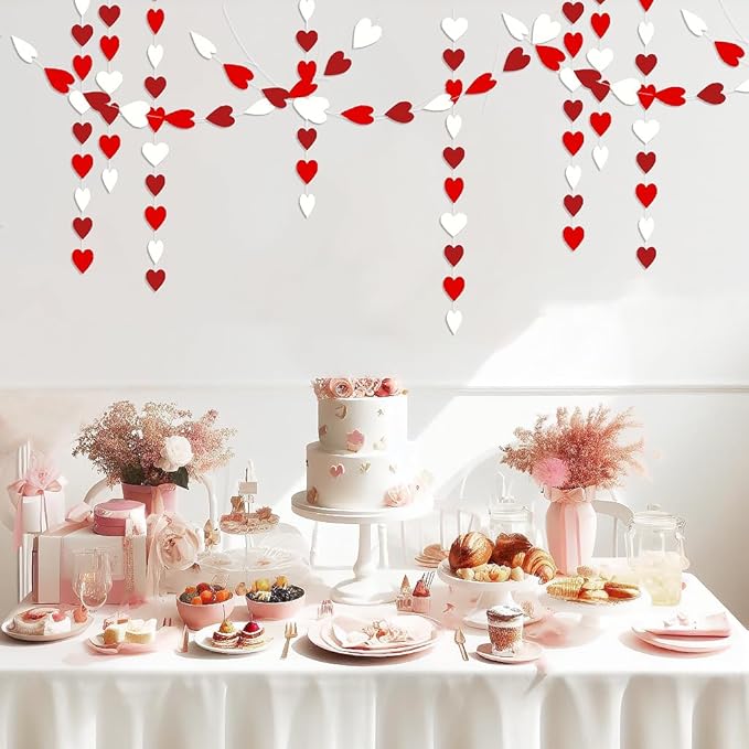 White Burgundy Red Anniversary Decorations – 52Ft Paper Garland Streamer Birthday Party Banner Engagement Bachelorette Mothers Day Wedding Baby Bridal Shower Valentines Day Hanging Heart Decoration